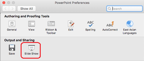 У діалоговому вікні Параметри PowerPoint у розділі Вивід і спільний доступ натисніть кнопку Показ слайдів.