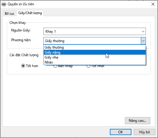 Tùy chọn hộp thoại in hệ thống Windows