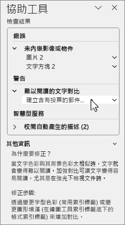 具有檢查結果的協助工具窗格