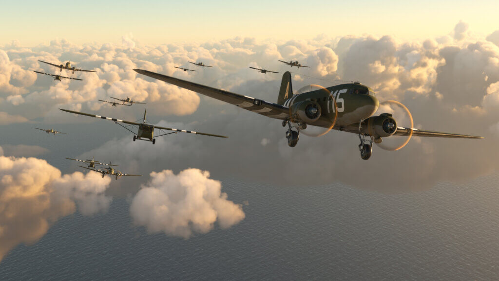 Douglas C-47D Skytrain and Waco CG-4A glider taking off over the ocean