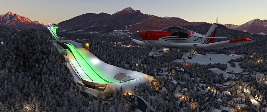 A DR-40 flies past a Ski Jump slope