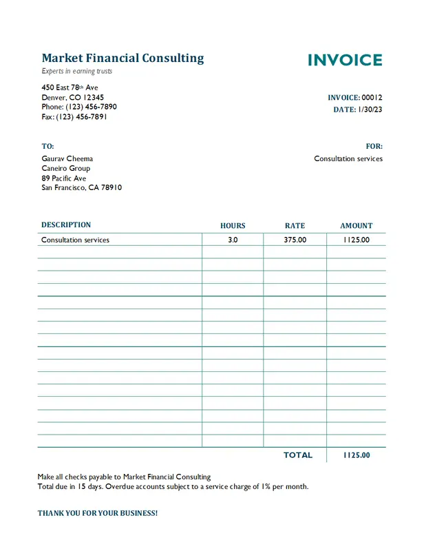 Services invoice with hours and rate green modern simple