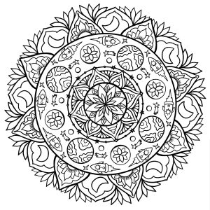 Ausmalbild von zum Ausdrucken und Ausmalen für Erwachsene : Mandala mit Planeten und Raketen