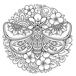 Ausmalbild von Mandalas zum Ausdrucken und Ausmalen für Erwachsene : Blumenmandala mit Motte