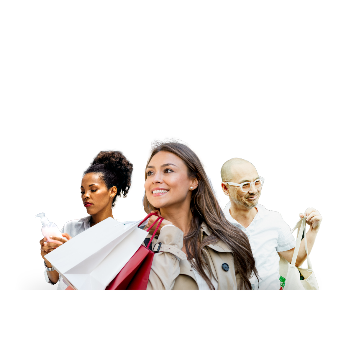 Two women and a man shopping for FMCG goods - a woman selecting a cosmetics bottle, a woman carrying bags of purchases, a man with a tote bag. Icons of shopping trolley, bank card and other images above them.