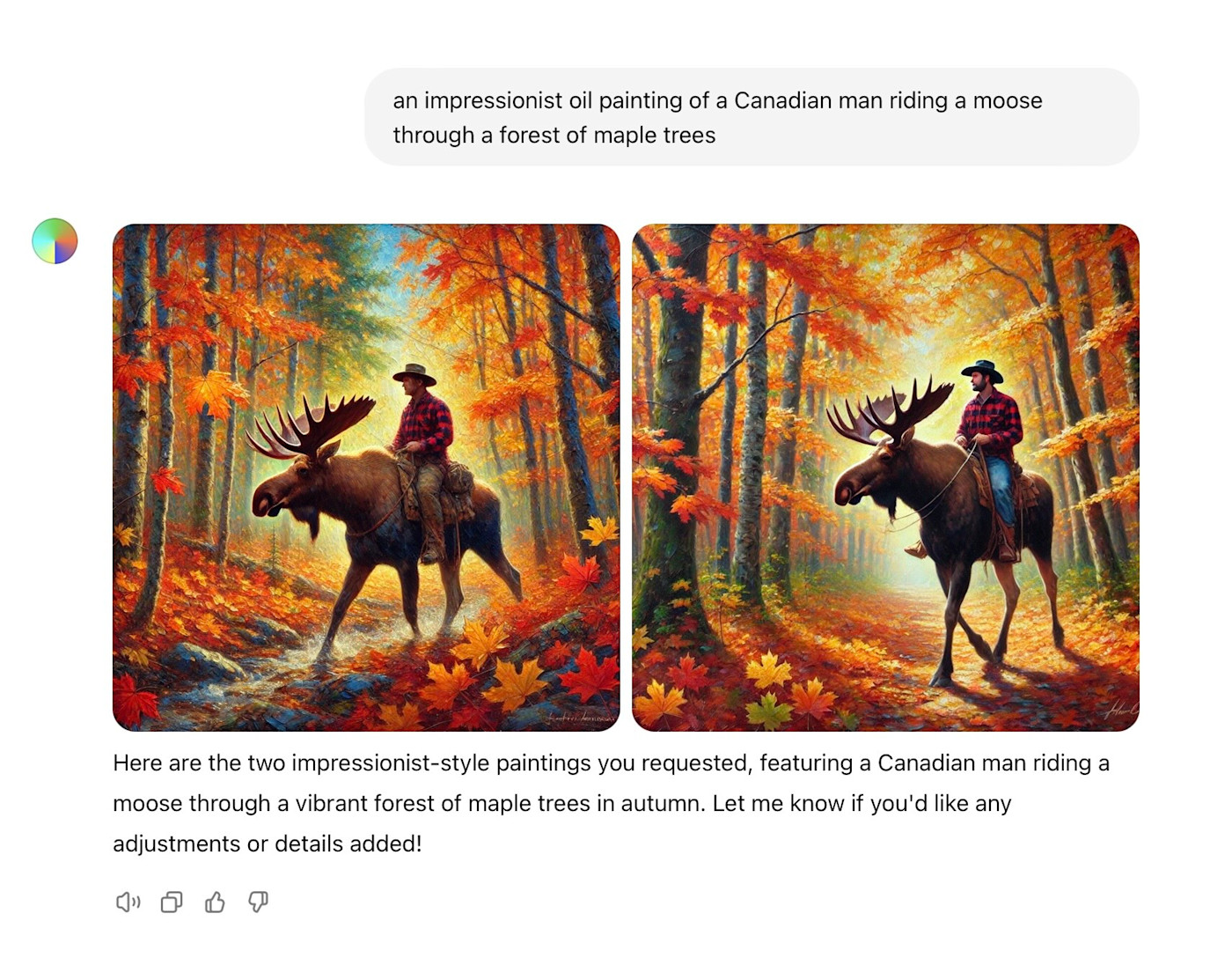 Four images generated by DALL-E 2 of an impressionist oil painting of a Canadian man riding a moose through a forest of maple trees.