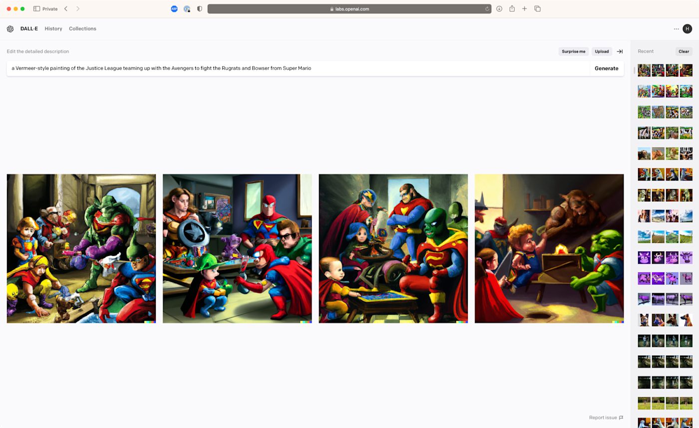 DALL-E 2 results for " "A Vermeer-style painting of the Justice League teaming up with the Avengers to fight the Rugrats and Bowser from Super Mario" 