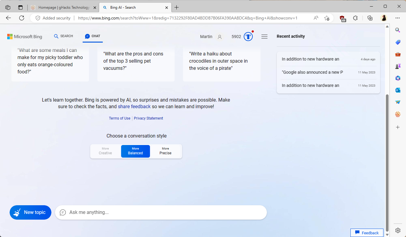 Bing Chat keeps a conversation history now - gHacks Tech News
