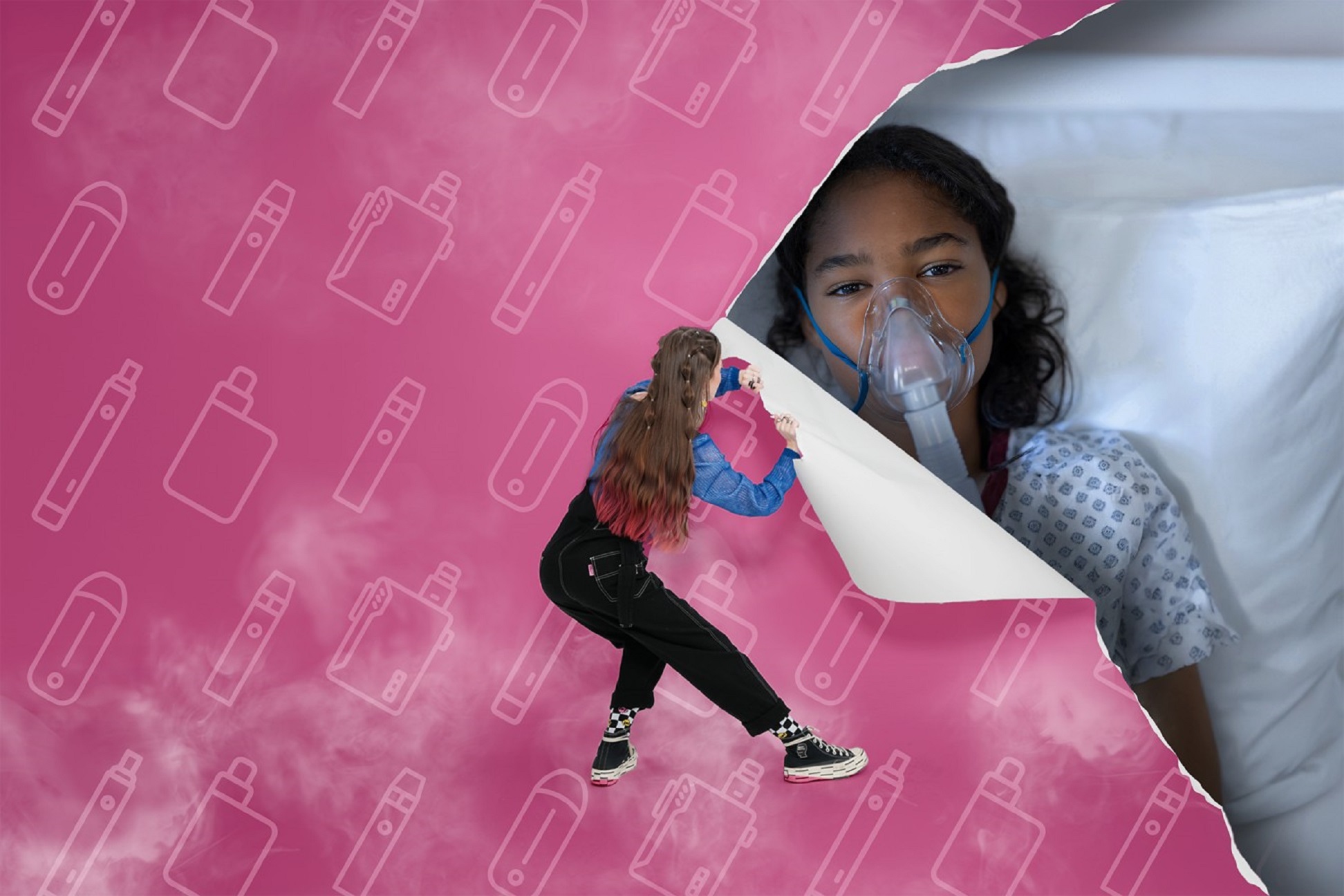 Poster showing a young woman pulling back pink paper with e-cigarette graphics printed on it to expose a girl with an oxygen mask over her mouth