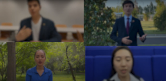 A composite of 4 pictures of 4 young individuals, each delivering a speech, each against a different background (2 indoor and 2 outdoor)