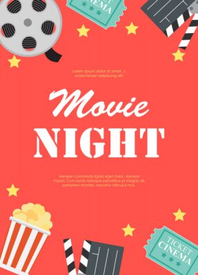 Bild Abstract Movie Night Cinema Flat Background with Reel, Old Style Ticket, Big Pop Corn and Clapper Symbol Icons. Vector Illustration