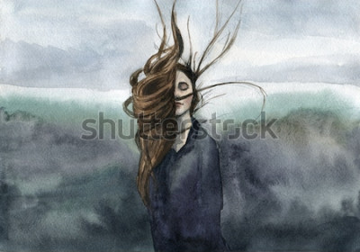 Bild Aquarell-Porträt einer Frau im Wind