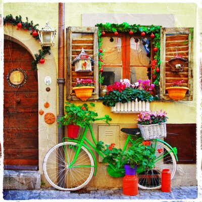 Fahrrad mit blumen vor fenster