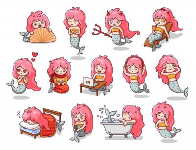 Bild Kawaii mermaids in various poses, with different facial expressions. Hand drawn sticker vector set. All elements are isolated.