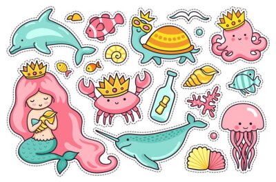 Bild Set of sea cartoon characters. Mermaid, narwhal, jellyfish, turtle and dolphin. Octopus, crab and seagull. Stickers, pins and badges