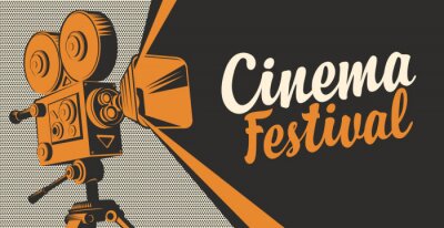 Bild Vector poster for cinema festival with old fashioned movie projector or camera. Retro movie background with calligraphic inscription. Can be used for flyer, banner, poster, web page, background