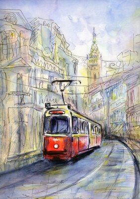 Fototapete Alte mit Aquarellfarbe gemalte Straßenbahn