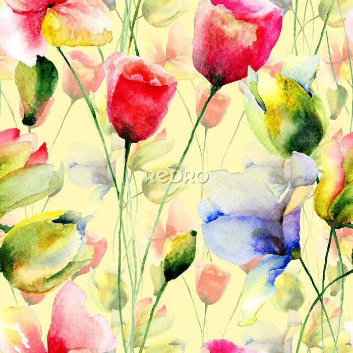 Fototapete Aquarell-Tulpen zwischen Feldblumen