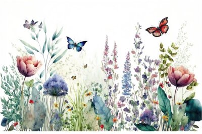 Fototapete Bordure horizontale harmonieuse avec fleurs multicolores abstraites, feuilles et plantes vertes, papillons volants. Motif isolé à l'aquarelle sur fond blanc, prairie d'été illustration panoramique.