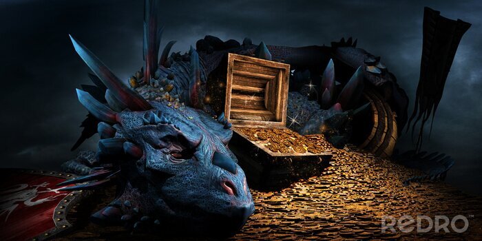 Fototapete Fantasy Drache mit Schatz