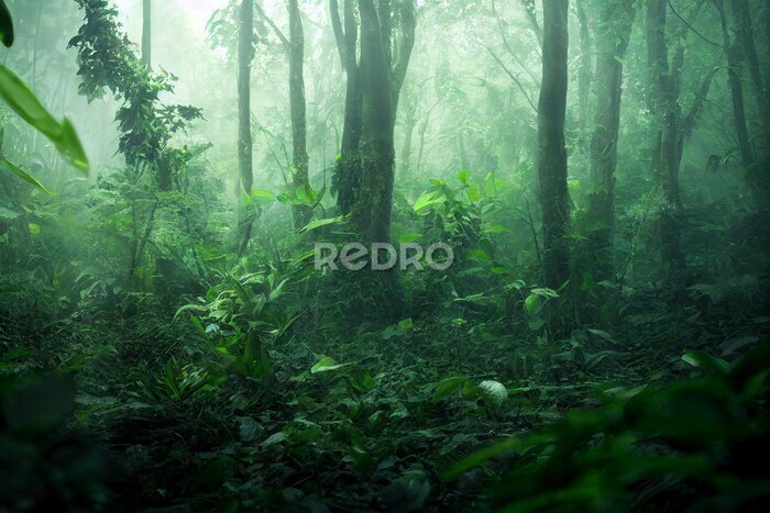 Fototapete Grüne Dickichte im Abendwald