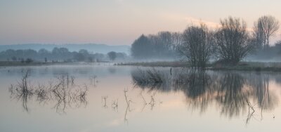 Landschaft von See im Nebel mit Sonne leuchten bei Sonnenaufgang