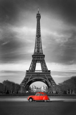 Fototapete Paris Eiffelturm und rotes Auto