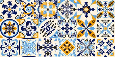 Talavera pattern. Indian patchwork. Azulejos portugal. Turkish ornament. Moroccan tile mosaic. Ceramic tableware, folk print. Spanish pottery. Ethnic background. Mediterranean seamless wallpaper.