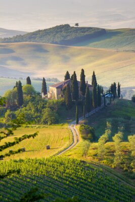 Toskana, Landschaft und Bauernhaus in den Hügeln der Val d'Orcia