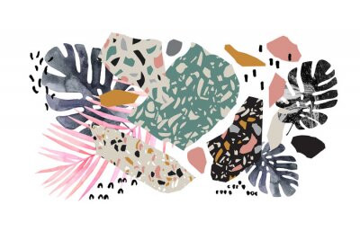 Tropical watercolor leaves, turned edge geometric shapes, terrazzo flooring elements collage