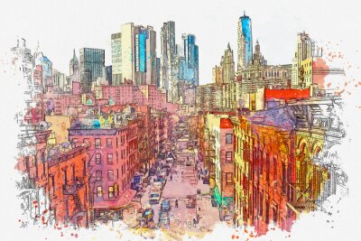 Fototapete Watercolor sketch or illustration of a beautiful view of the street in Chinatown in New York in the USA. Everyday city life