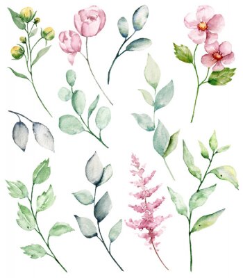 Poster Blätter grün und Aquarellblumen