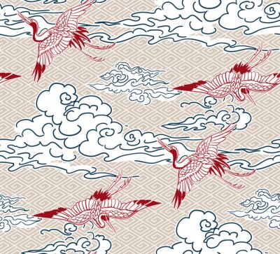 crane birds sky cloud japanese chinese vector design pattern