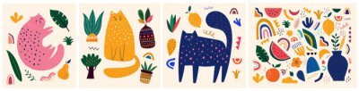 Cute spring pattern collection with cat. Decorative abstract horizontal banner with colorful doodles. Hand-drawn modern illustrations with cats, flowers, abstract elements