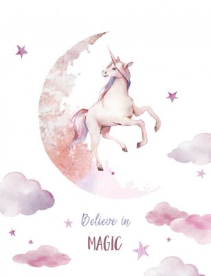 Poster Einhorn in den Wolken Aquarell