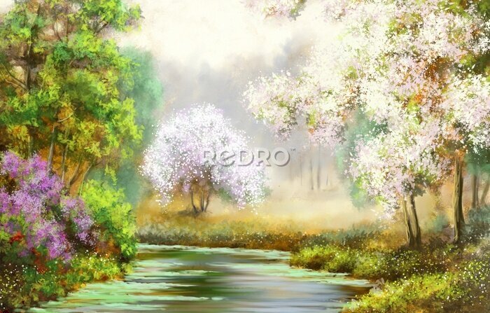 Poster Frühling, Baum, Fluss, Gemälde Landschaft