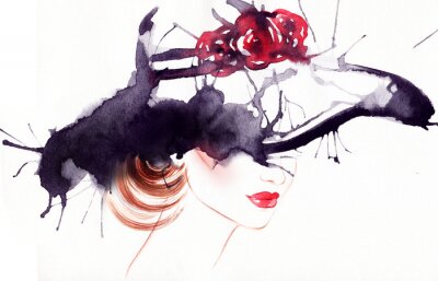 woman portrait with hat .abstract watercolor