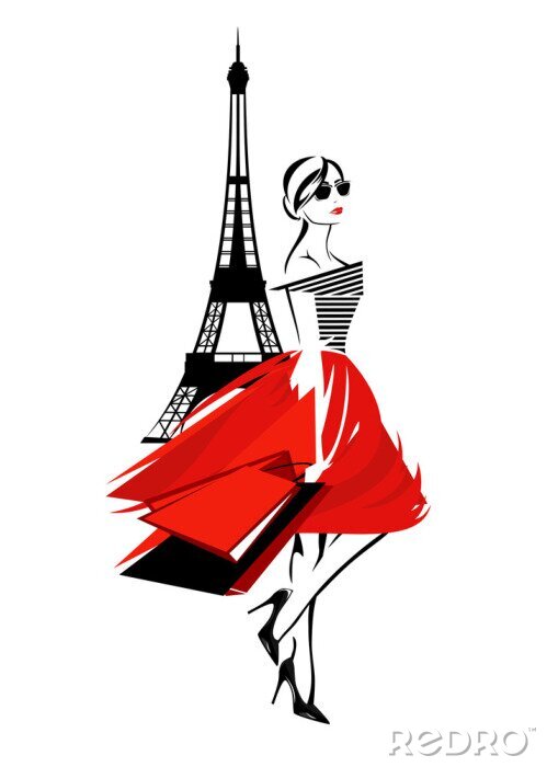 Sticker beautiful fashion woman in Paris - french fashionista with shopping bags and eiffel tower vector design