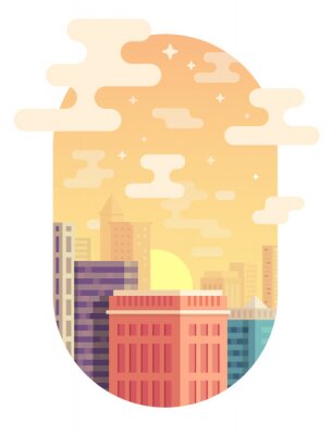 Sticker City skyline vector illustration. Urban landscape. Cityscape in flat style. Modern city landscape. Cityscape backgrounds. Sunset in the city. Vertical orientation