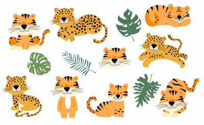 Cute animal object collection with leopard,tiger. illustration for icon,logo,sticker,printable