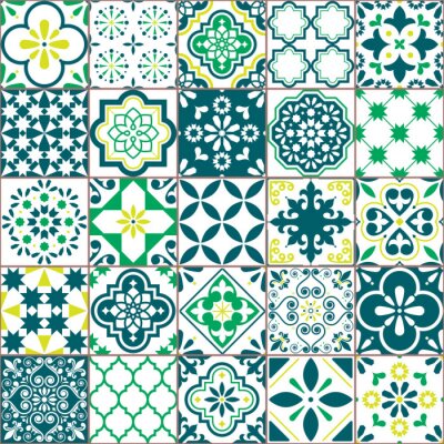 Fliesenvektormuster - Azulejo Lissabon Retro altes Fliesenmosaik, portugiesisches nahtloses grünes Design