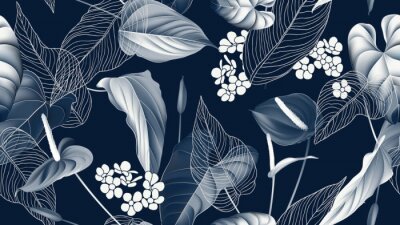 Floral seamless pattern, Anthurium flowers with leaves in blue tone on dark blue