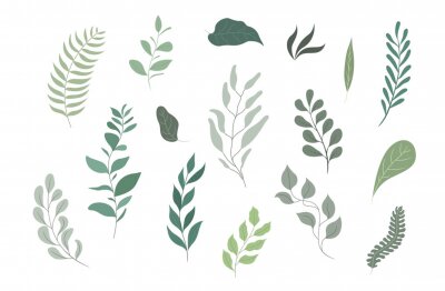 Sticker green leaf vector set, flat design