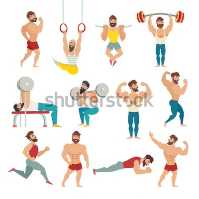 Sticker Satz der muskulösen, bärtigen bemannt Vektorillustration. Fitnessmodels, Posieren, Bodybuilding. Sportler in der Turnhalle. Gymnastikringe, laufend. Lokalisierter Vektor, weißer Hintergrund