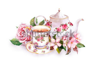 Sticker Teetasse und Teekanne mit Blumen. Kartenvorlage. Aquarell