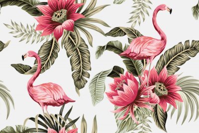 Sticker Tropical vintage pink flamingo, pink hibiscus, palm leaves floral seamless pattern grey background. Exotic jungle wallpaper.