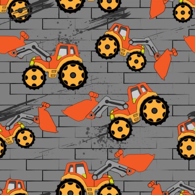 Tapete Children's cartoon orange tractor with bucket on gray background. Geometric elements, brick, brush effect. Abstract seamless pattern.