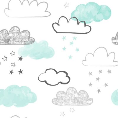 Doodle clouds pattern. Hand drawn vector seamless background with clouds and stars in grey and teal. Scandinavian style print. 