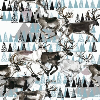 Tapete nahtloser Winterhintergrund. Hirsch. Arktisches Muster. Polare Naturaquarellillustration. Nordische Tierwelt. wildes Tier. Rentier