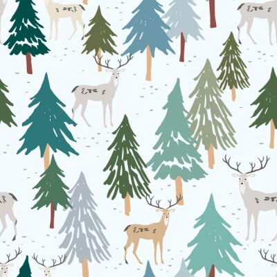 Tapete Nahtloses Weihnachtsmuster, weißer Hintergrund. Waldhirsch, grüne Tanne, Fichten. Vektorillustration. Naturdesign. Saisongruß digitales Papier. Winterweihnachtsferien. Niedliche Waldtiere